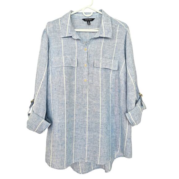 Ellen Tracy Tunic Top 100% Linen Size XL Blue White Nautical Coastal Vacation - Picture 1 of 9